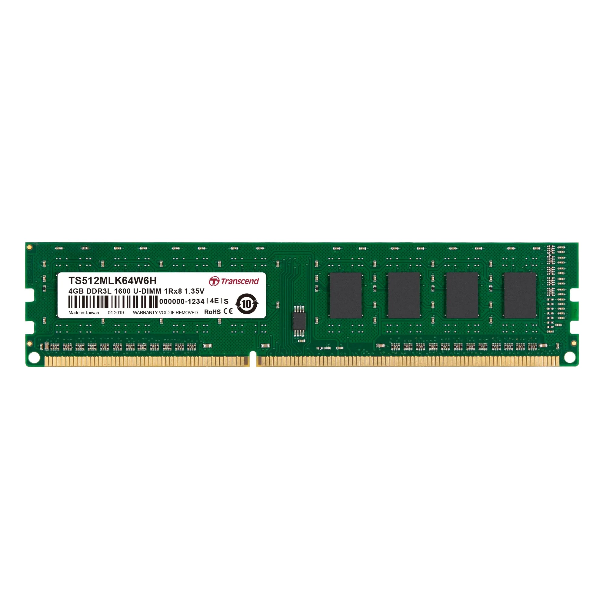 Transcend DDR3-1600 U-DIMM 4GB, 4 GB, 1 x 8 GB, DDR3L, 1600 MHz, 240-pin DIMM