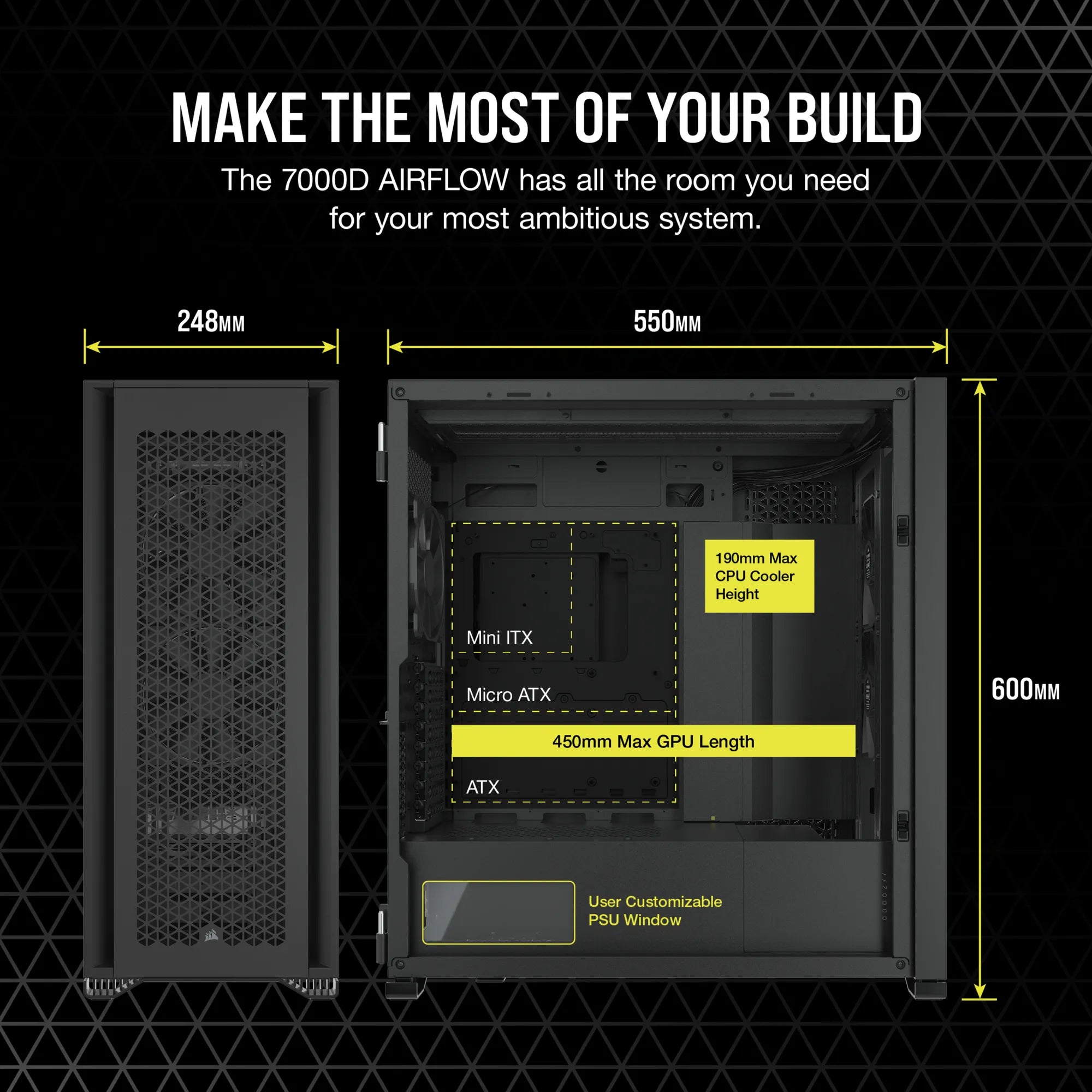 Corsair 7000D Airflow, Full Tower, PC, Black, ATX, EATX, micro ATX, Mini-ITX, Plastic, Steel, Tempered glass, Gaming