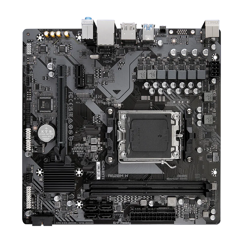 GIGABYTE A620M H Motherboard - Supports AMD Ryzen 8000 CPUs, 5+2+2 Phases Digital VRM, up to 7200MHz DDR5 (OC), 1xPCIe 4.0 M.2, GbE LAN, USB 3.2 Gen 1, AMD, Socket AM5, AMD Ryzen 7000 Series, Socket AM5, 96 GB, DDR5-SDRAM