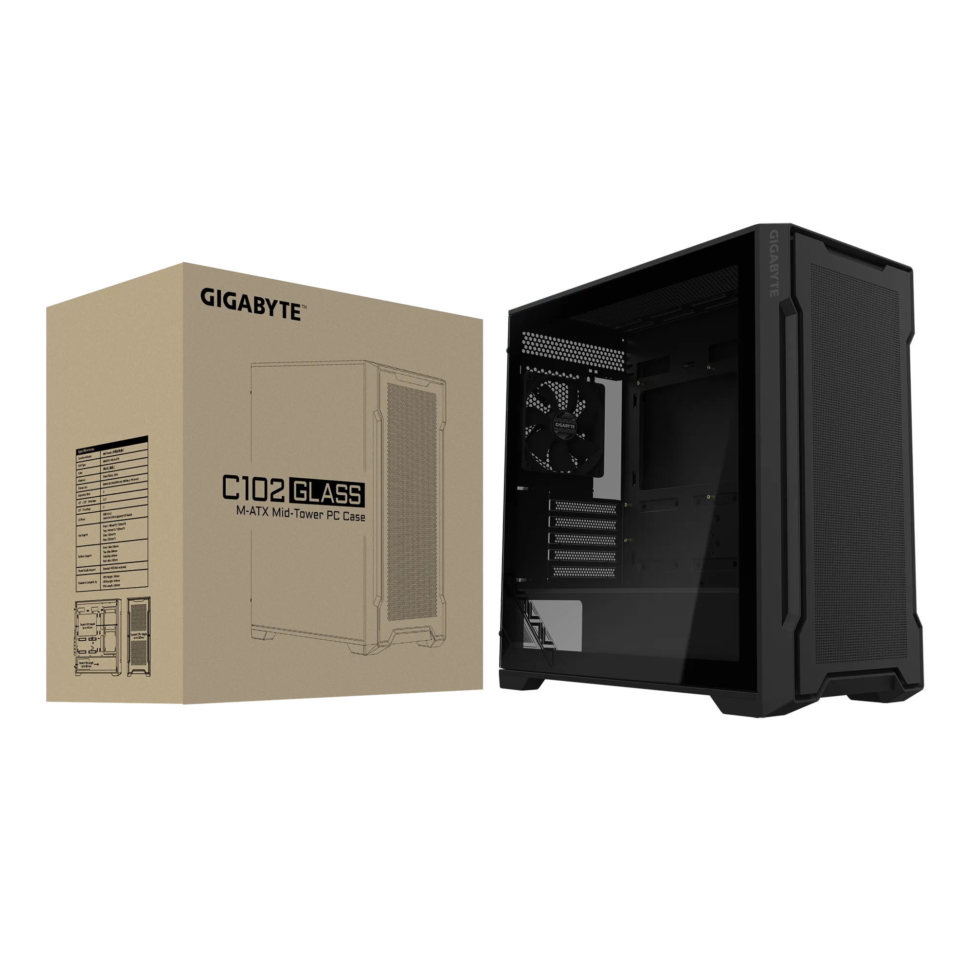 GIGABYTE C102 GLASS, Midi Tower, PC, Black, ATX, Mini-ATX, Mini-ITX, Glass, Plastic, Steel, Gaming