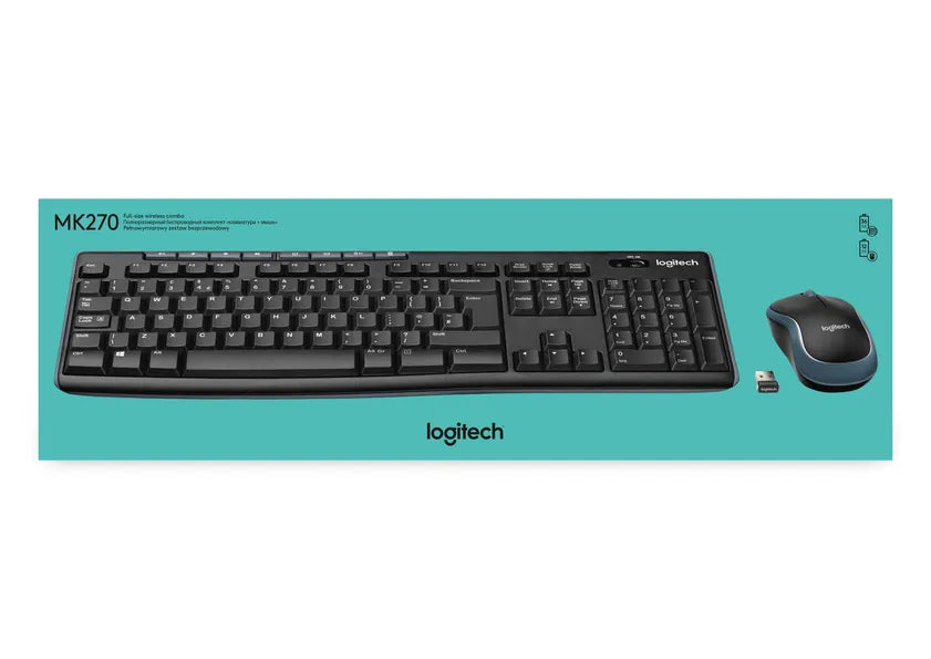 Logitech LGT-MK270-US, Standard, Wireless, RF Wireless, QWERTY, Black, Mouse included