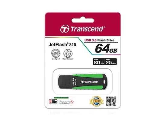 Transcend JetFlash 810 64GB USB 3.0, 64 GB, USB Type-A, 3.2 Gen 1 (3.1 Gen 1), Cap, 12.4 g, Black,Green