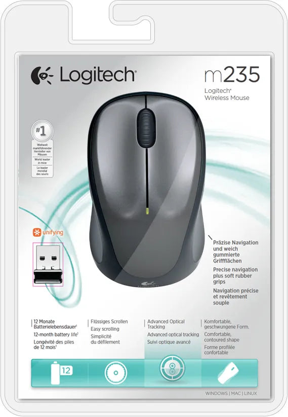 Logitech M235, Ambidextrous, Optical, RF Wireless, 1000 DPI, Gray