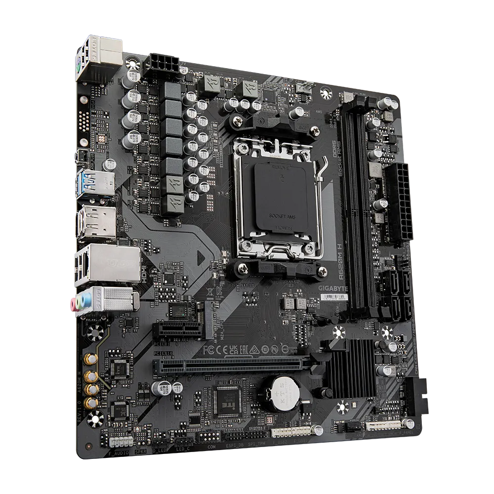 GIGABYTE A620M H Motherboard - Supports AMD Ryzen 8000 CPUs, 5+2+2 Phases Digital VRM, up to 7200MHz DDR5 (OC), 1xPCIe 4.0 M.2, GbE LAN, USB 3.2 Gen 1, AMD, Socket AM5, AMD Ryzen 7000 Series, Socket AM5, 96 GB, DDR5-SDRAM