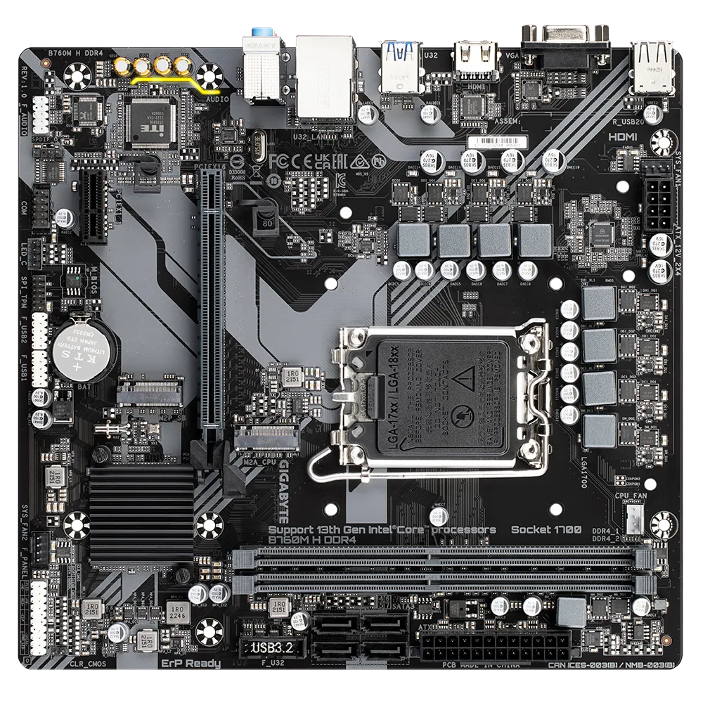 GIGABYTE B760M H DDR4 Motherboard - Supports Intel Core 14th Gen CPUs, 6+1+1 Phases Digital VRM, up to 3200MHz DDR4 (OC), 2xPCIe 4.0 M.2, GbE LAN, USB 3.2 Gen1, Intel, LGA 1700, Intel® Celeron®, Intel® Pentium® Gold, LGA 1700, 64 GB, DDR4-SDRAM