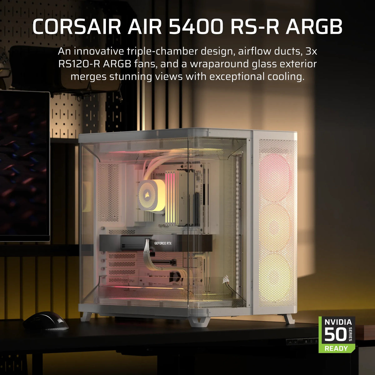 AIR 5400 RS-R ARGB Triple Chamber Mid-Tower PC Case ; 3x Fans Included; 2x 2.5'' ; 1x 3.5''  White