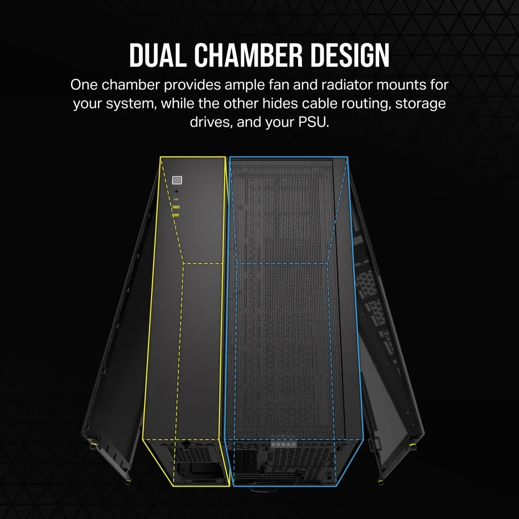 iCUE 2500X Micro ATX Black Dual Chamber PC Case; 2x 2.5'' Drive Bays; 2x 3.5''; Up to 360mm Radiator compatible