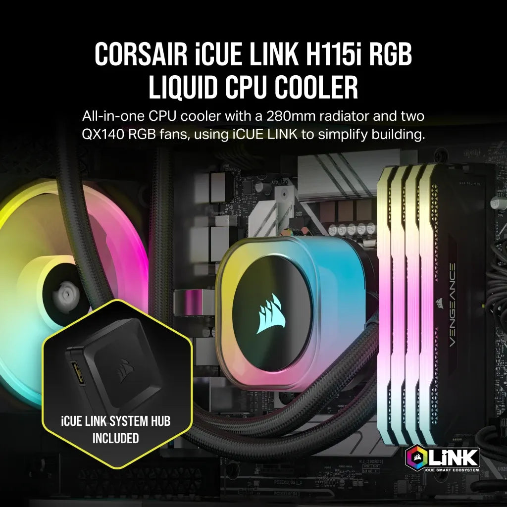 Corsair H115I, Liquid cooling kit, 14 cm, 400 RPM, 2000 RPM, 82.5 cfm, Black