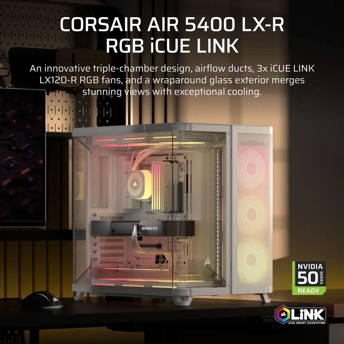 AIR 5400 LX-R RGB iCUE LINK Triple Chamber Mid-Tower PC Case ;3x Fans included;2x 2.5'' ; 1x 3.5''; White