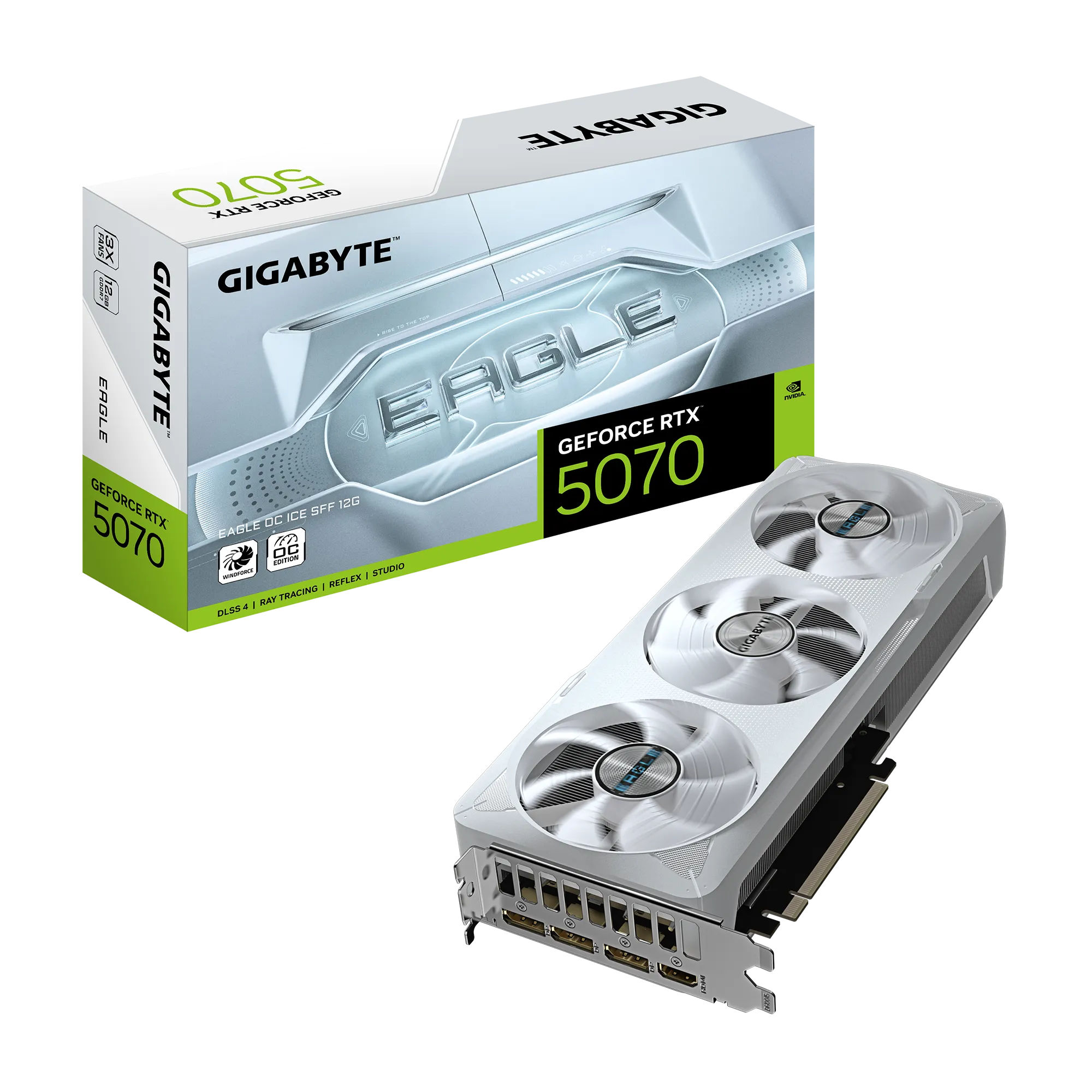 GIGABYTE GeForce RTX 5070 EAGLE OC ICE SFF 12G Graphics Card - 12GB GDDR7, 192bit, PCI-E 5.0, 2587 MHz Core Clock, 3 x DP 2.1a, 1 x HDMI 2.1b, NVIDIA DLSS 4, GV-N5070EAGLEOC ICE-12GD, GeForce RTX 5070, 12 GB, GDDR7, 192 bit, 7680 x 4320 pixels, PCI Express x16 5.0