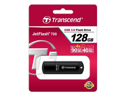 Transcend JetFlash 700, 128 GB, USB Type-A, 3.2 Gen 1 (3.1 Gen 1), Cap, 8.5 g, Black