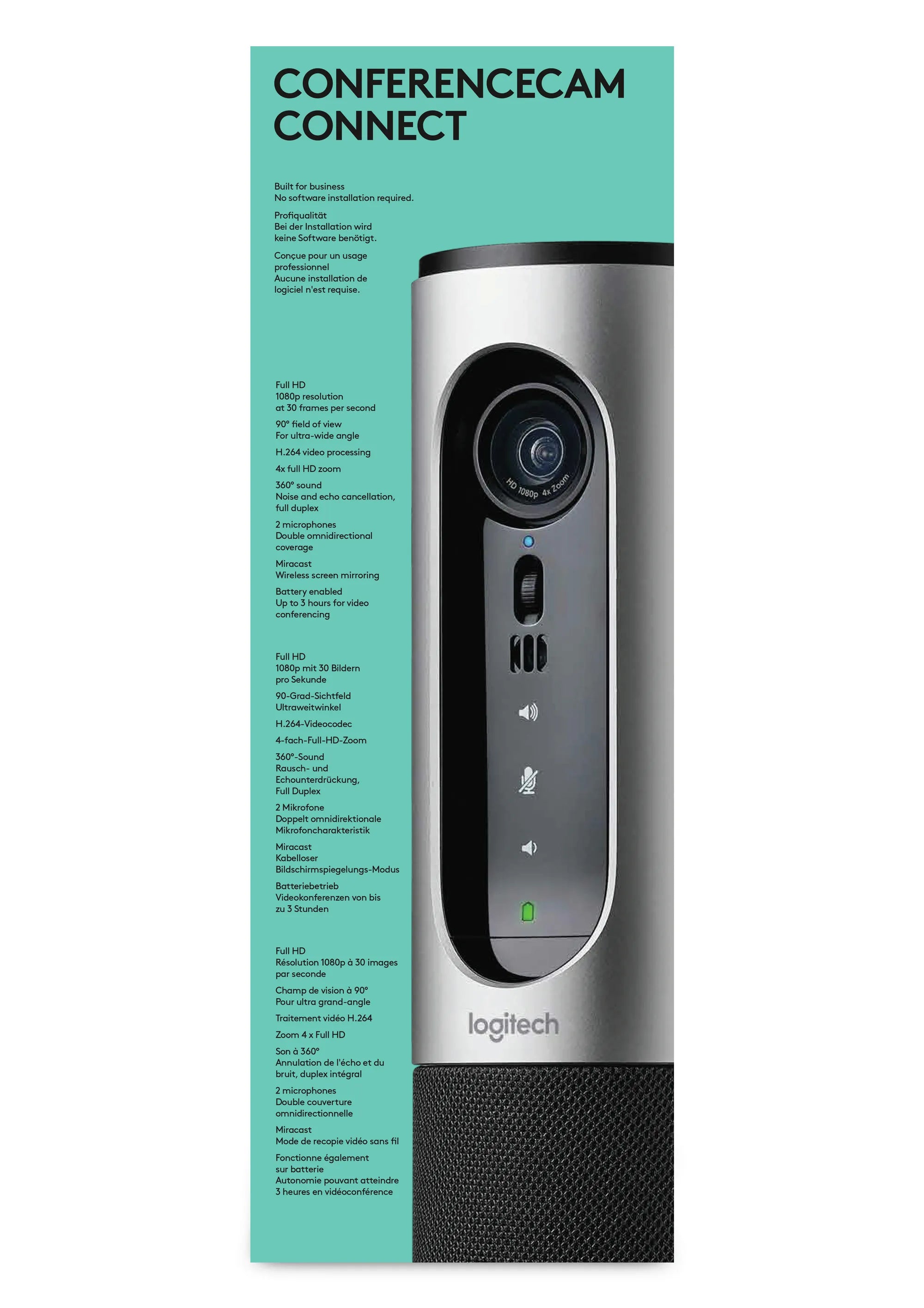 Logitech ConferenceCam Connect, 3 MP, Full HD, 4x, 1080p,720p, 1280 x 720 (HD 720),1920 x 1080 (HD 1080), 30 fps