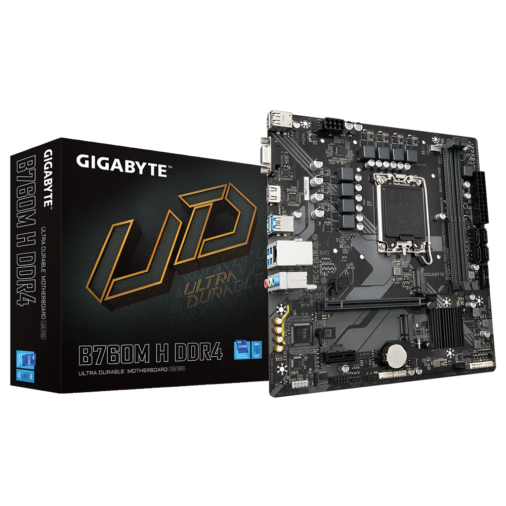 GIGABYTE B760M H DDR4 Motherboard - Supports Intel Core 14th Gen CPUs, 6+1+1 Phases Digital VRM, up to 3200MHz DDR4 (OC), 2xPCIe 4.0 M.2, GbE LAN, USB 3.2 Gen1, Intel, LGA 1700, Intel® Celeron®, Intel® Pentium® Gold, LGA 1700, 64 GB, DDR4-SDRAM