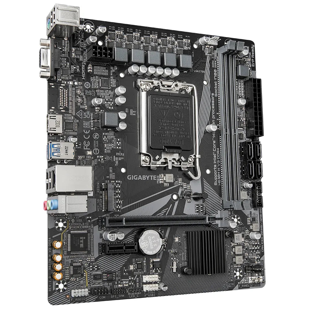 Gigabyte H610M H V3 DDR4 Motherboard - Supports Intel Core 14th CPUs, 4+1+1 Hybrid Phases Digital VRM, up to 3200MHz DDR4, 1xPCIe 3.0 M.2, GbE LAN, USB 3.2 Gen 1, Intel, LGA 1700, Intel® Celeron®, Intel® Core™ i3, Intel® Core™ i5, Intel® Core™ i7, Intel® Core™ i9,..., LGA 1700, DDR4-SDRAM, 64 GB