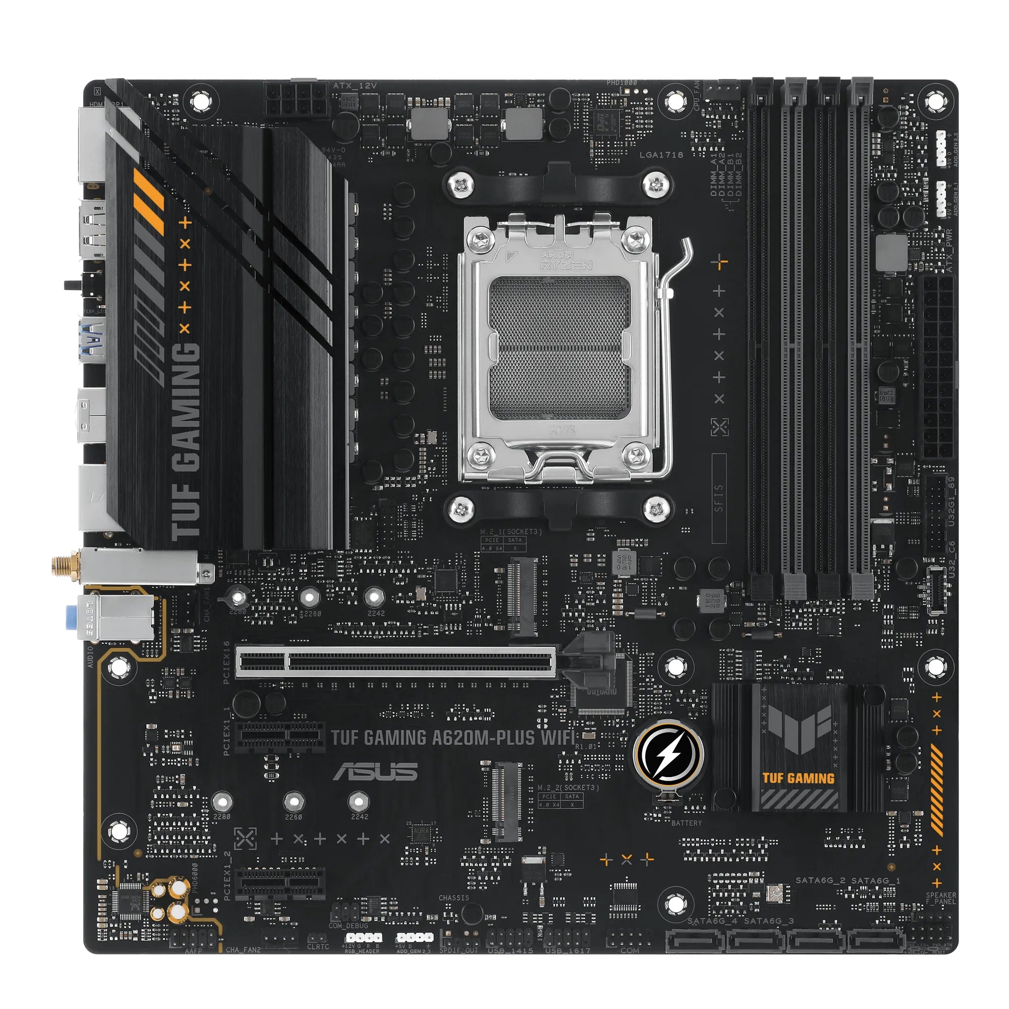 ASUS TUF GAMING A620M-PLUS WIFI, AMD, Socket AM5, AMD Ryzen 5 7th Gen, AMD Ryzen 7 7th Gen, AMD Ryzen 9 7th Gen, DDR5-SDRAM, 128 GB, Dual-channel