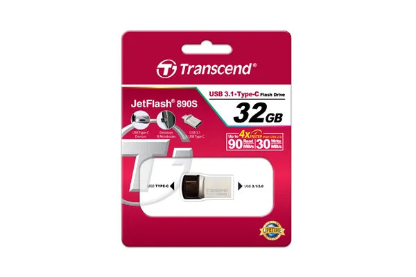 Transcend JetFlash 890 32GB, 32 GB, USB Type-A / USB Type-C, 3.2 Gen 1 (3.1 Gen 1), Cap, 3 g, Black, Silver