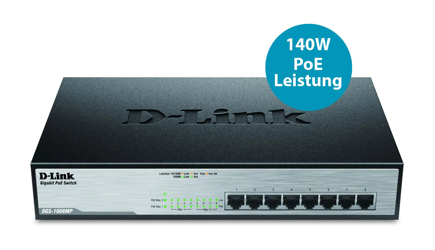 D-Link DGS-1008MP, Unmanaged, Gigabit Ethernet (10/100/1000), Full duplex, Power over Ethernet (PoE), Rack mounting, 1U