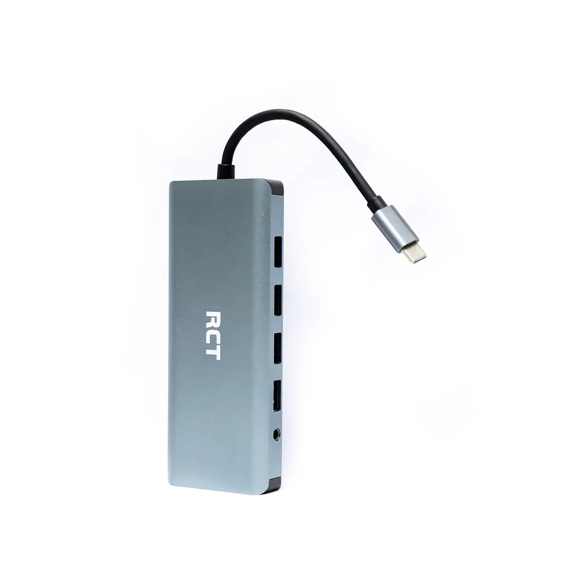 RCT compact 12-in-1 hub with 2 HDMI; 1 VGA; 3 USB3.0; 1 USB 2.0; 1 RJ45; PD; Audio; SD & microSD card reader