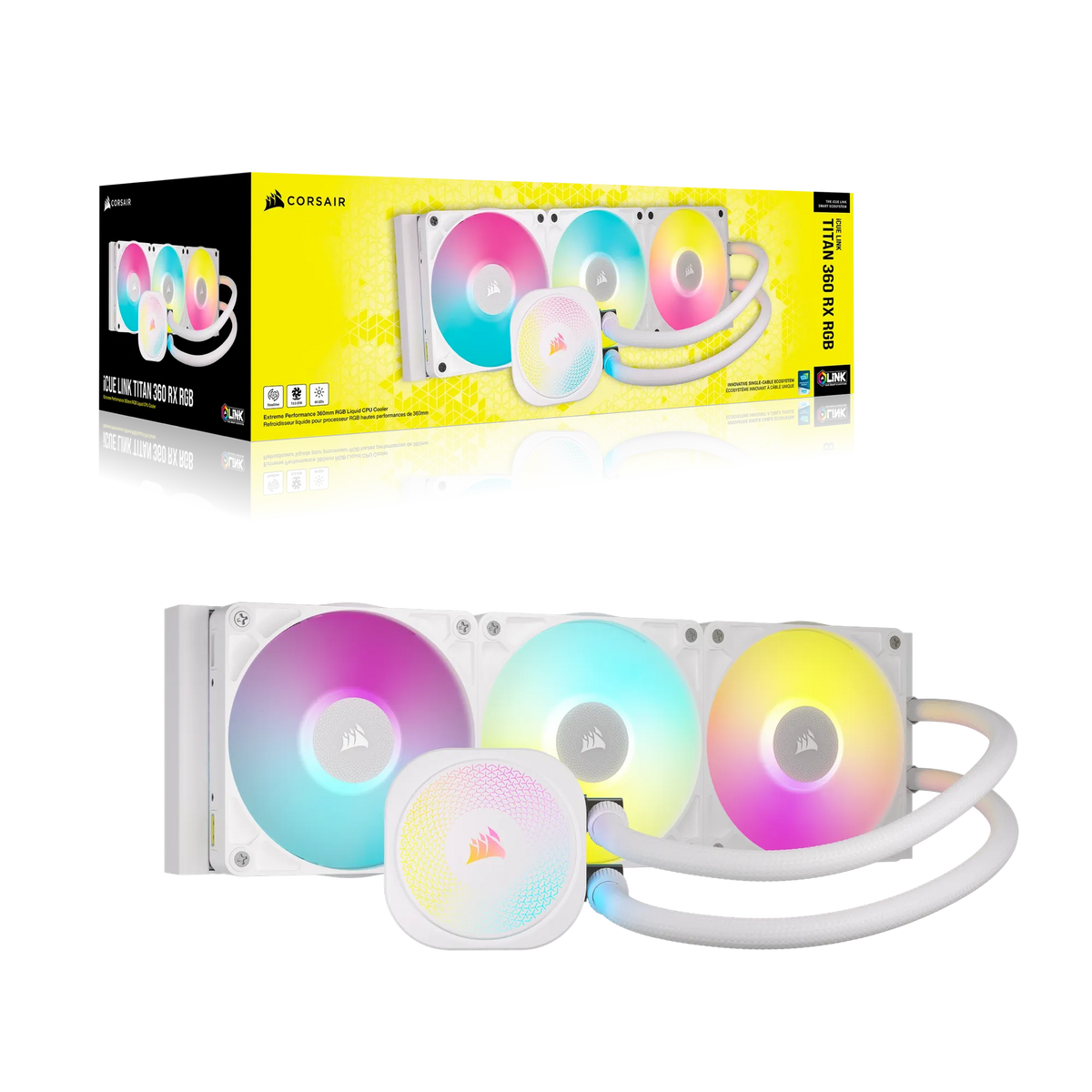 Corsair iCUE LINK TITAN 360 RX RGB Liquid CPU Cooler - White _ RX120 RGB Fans _ Fits Intel LGA 1851/1700; AMD® AM5/AM4.