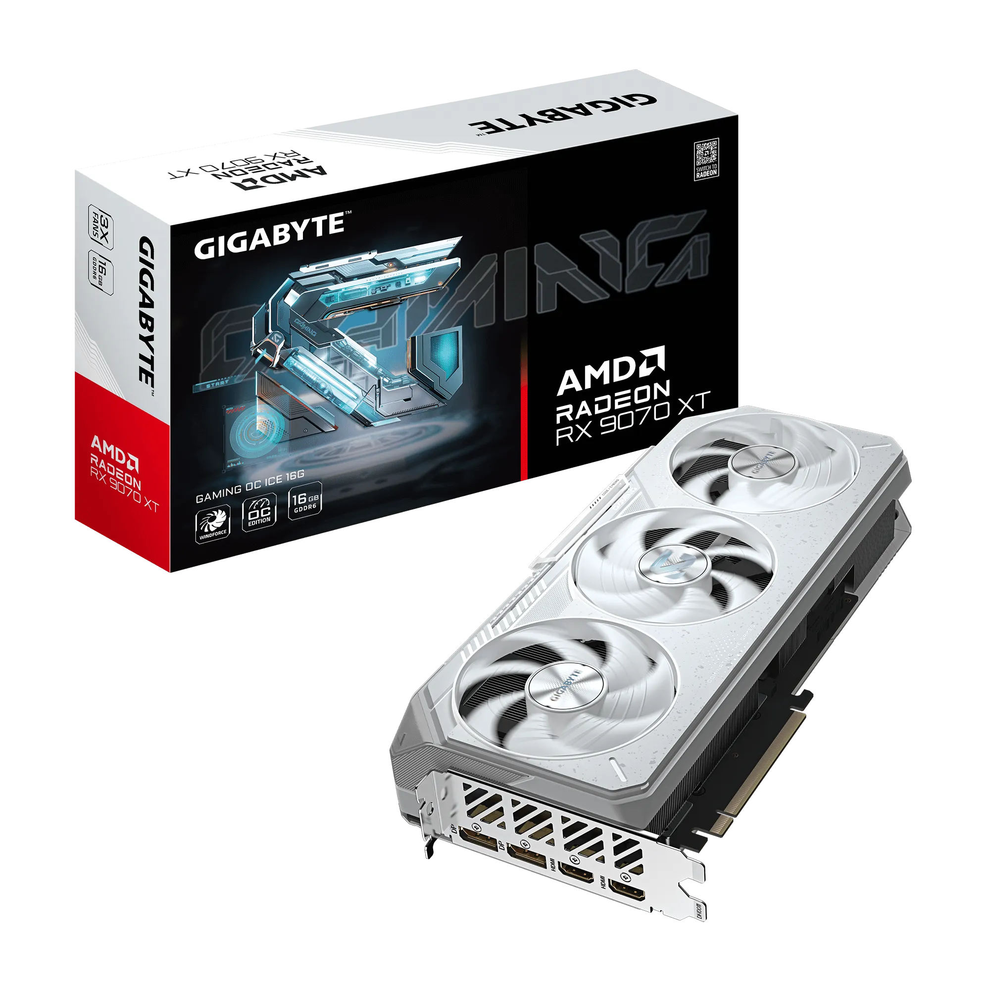 GIGABYTE AMD Radeon RX9070XT Gaming OC ICE - 16GB; 256-Bit Memory Bus; 2x HDMI; 2x DisplayPort. Min 850W PSU.