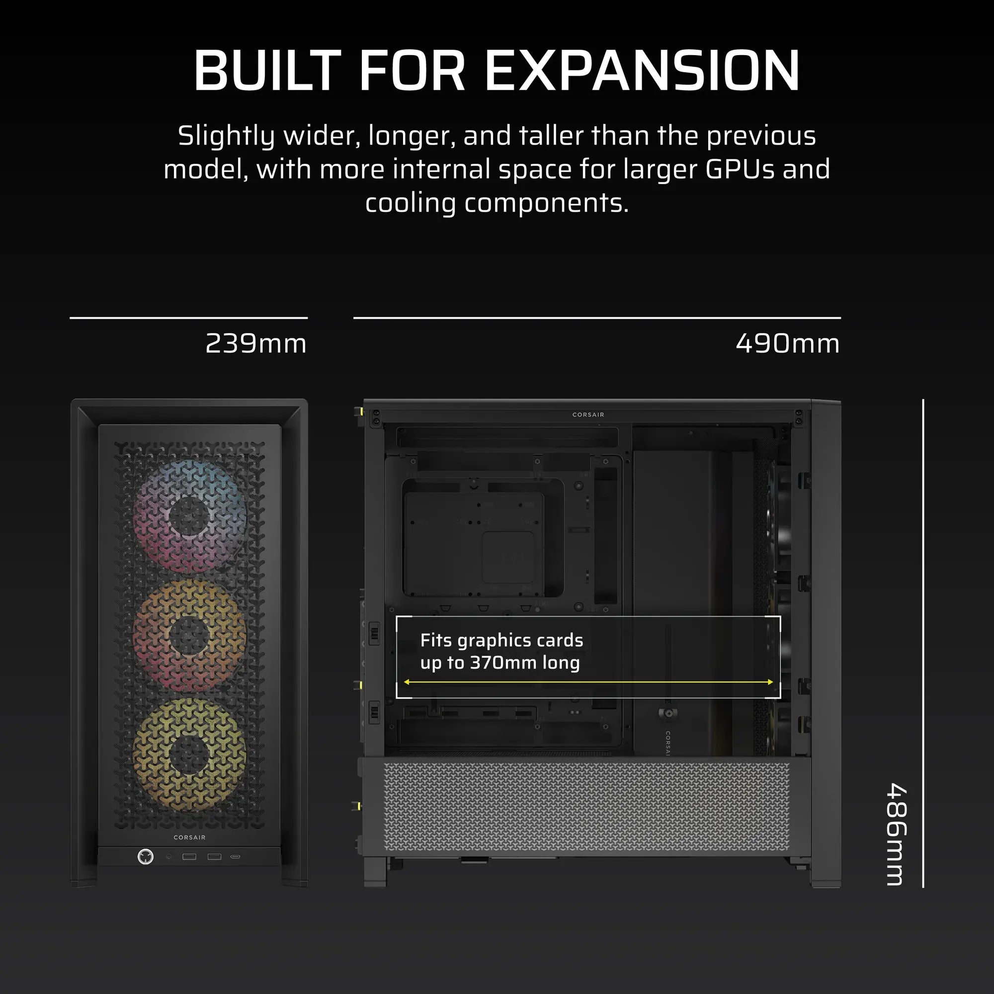 Corsair FRAME 4000D RS ARGB, Midi Tower, PC, Black, ATX, EATX, micro ATX, Mini-ITX, Plastic, Steel, Tempered glass, Gaming