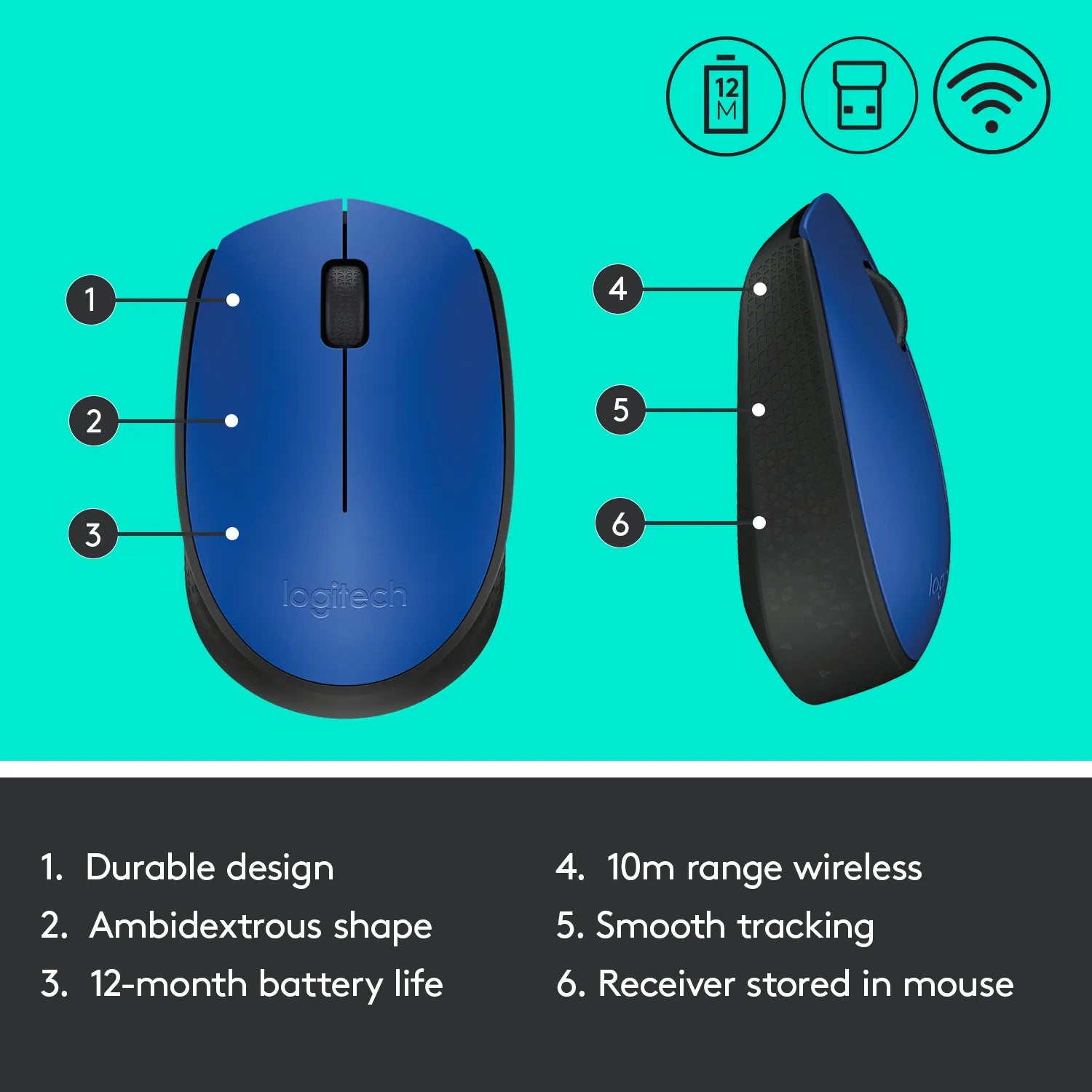 Logitech M170 Wireless Mouse, Ambidextrous, Optical, RF Wireless, 1000 DPI, Blue