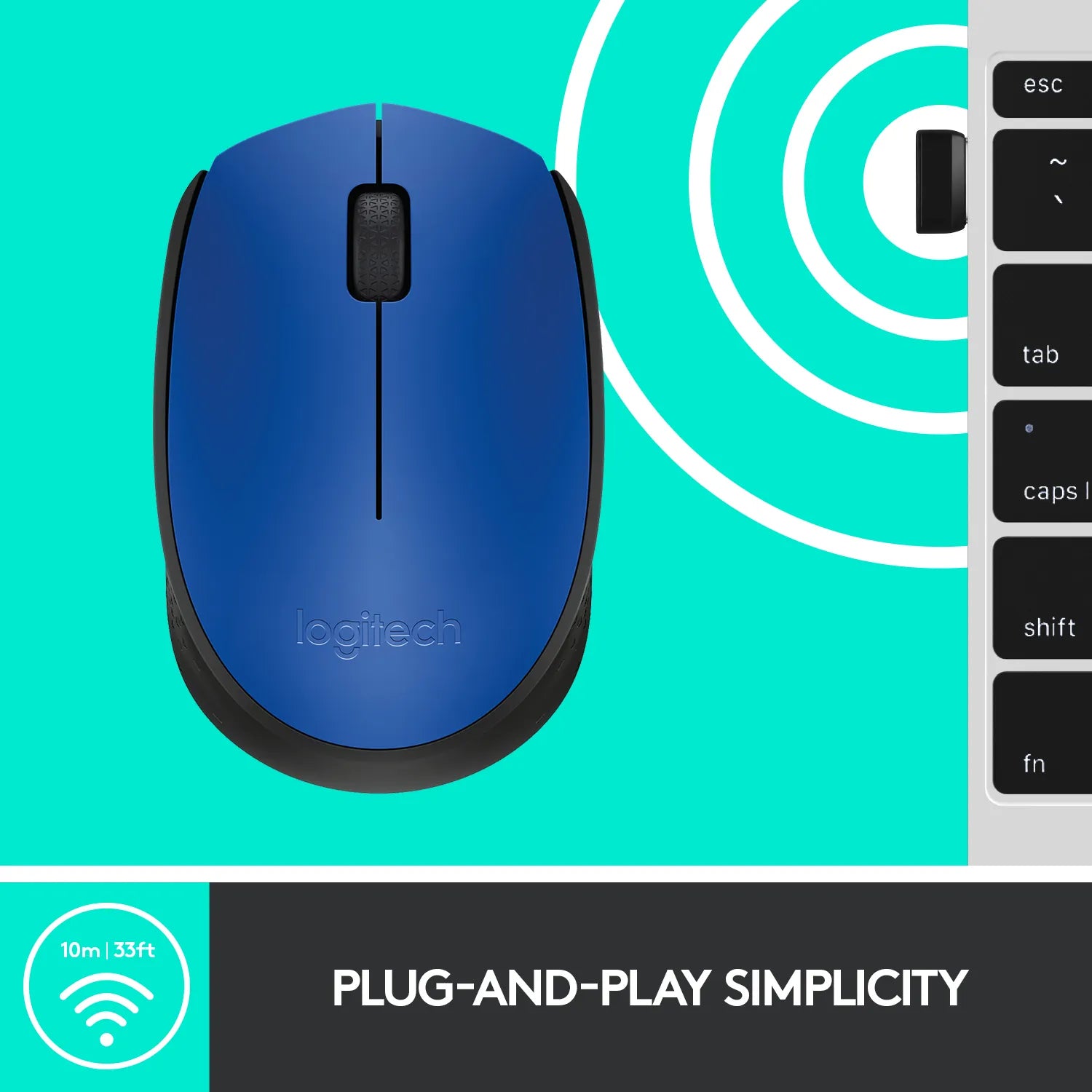 Logitech M170 Wireless Mouse, Ambidextrous, Optical, RF Wireless, 1000 DPI, Blue