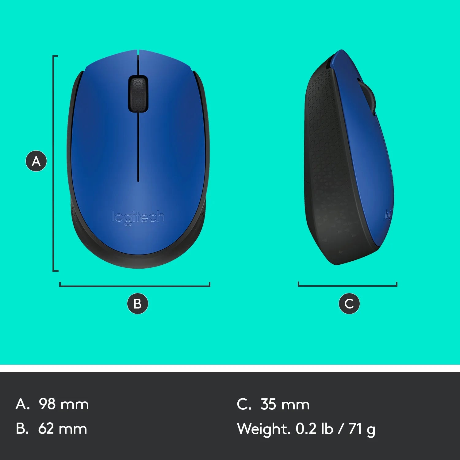 Logitech M170 Wireless Mouse, Ambidextrous, Optical, RF Wireless, 1000 DPI, Blue