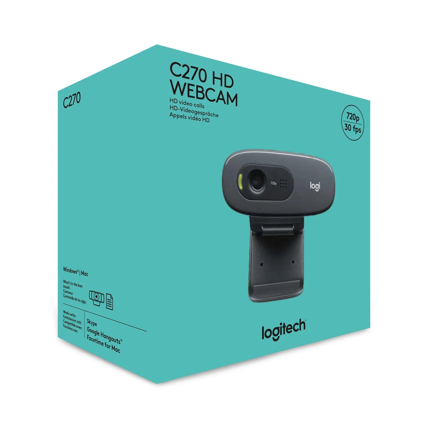 Logitech C270 HD WEBCAM, 3 MP, 1280 x 720 pixels, 30 fps, 720p, 55°, USB 2.0