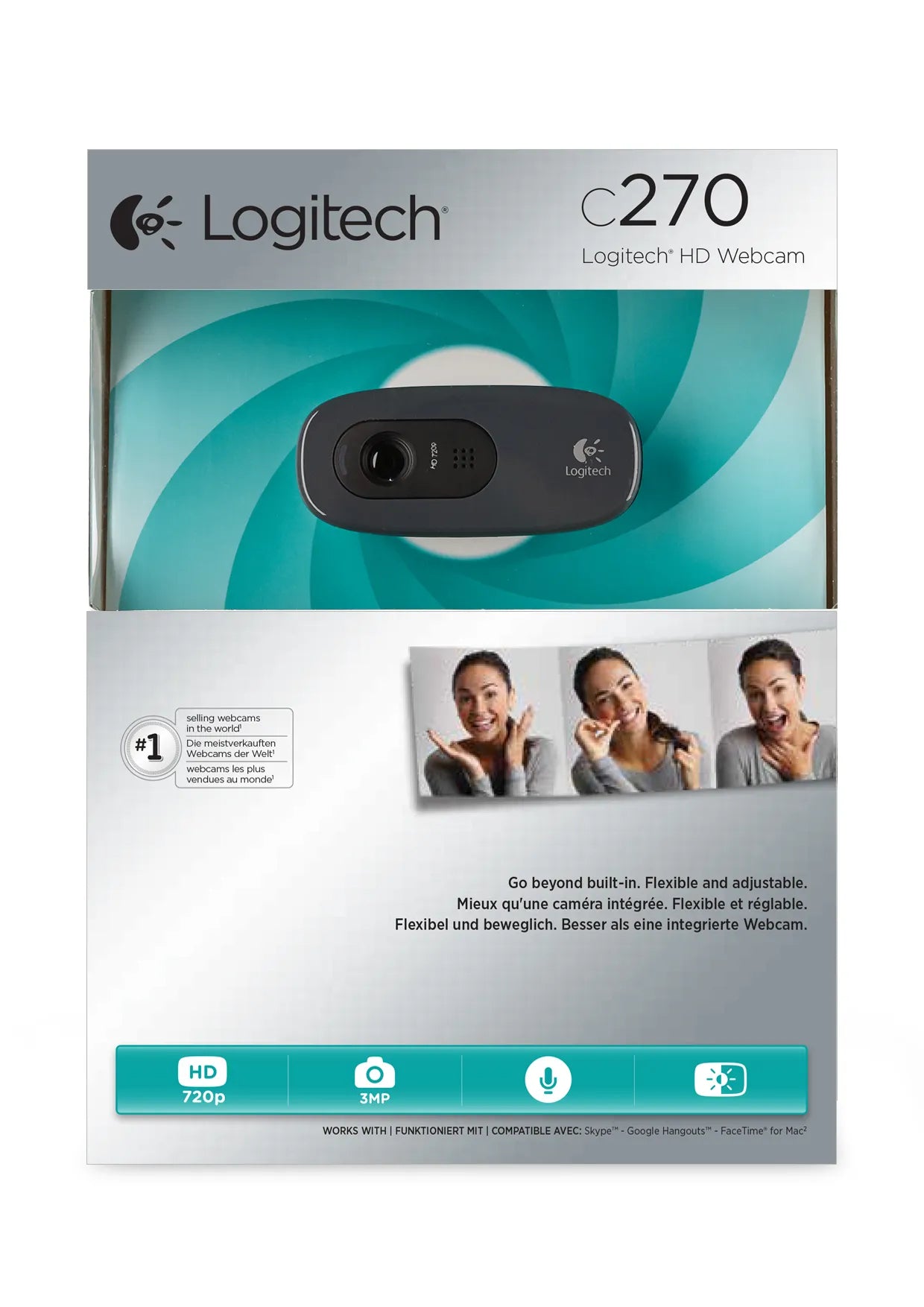 Logitech C270, 3 MP, 1280 x 720 pixels, 720p, USB 2.0, Black, Clip