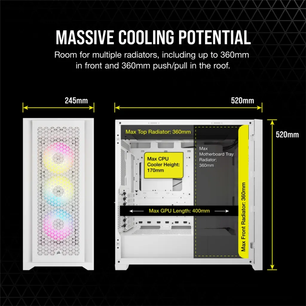 Corsair iCUE 5000D RGB Airflow, Midi Tower, PC, White, ATX, EATX, micro ATX, Mini-ITX, Plastic, Steel, Tempered glass, Gaming