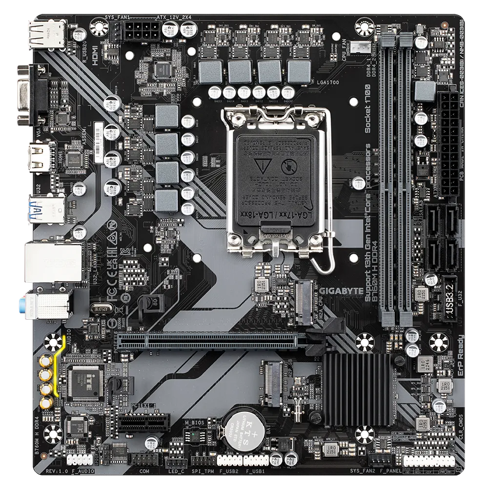 GIGABYTE B760M H DDR4 Motherboard - Supports Intel Core 14th Gen CPUs, 6+1+1 Phases Digital VRM, up to 3200MHz DDR4 (OC), 2xPCIe 4.0 M.2, GbE LAN, USB 3.2 Gen1, Intel, LGA 1700, Intel® Celeron®, Intel® Pentium® Gold, LGA 1700, 64 GB, DDR4-SDRAM