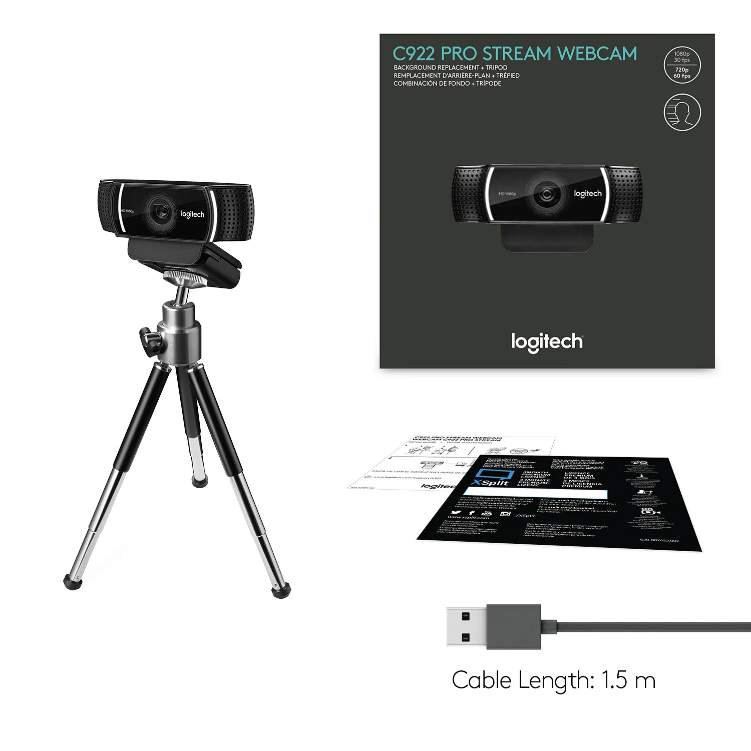 Logitech C922 PRO HD STREAM WEBCAM, 1920 x 1080 pixels, Full HD, 60 fps, 1280x720@60fps, 1920x1080@30fps, 720p, 1080p, H.264