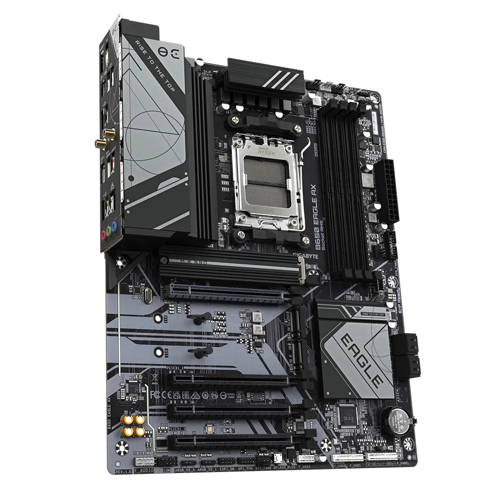 Gigabyte B650 EAGLE AX Motherboard - Supports AMD Ryzen 7000 CPUs, 12+2+2 Phases Digital VRM, up to 7600MHz DDR5 (OC), 1xPCIe 5.0 + 2xPCIe 4.0 M.2, Wi-Fi 6E 802.11ax, GbE LAN, USB 3.2 Gen2, AMD, Socket AM5, AMD Ryzen™ 5, AMD Ryzen 7 7th Gen, AMD Ryzen 9 7th Gen, Socket AM5, 192 GB, DDR5-SDRAM