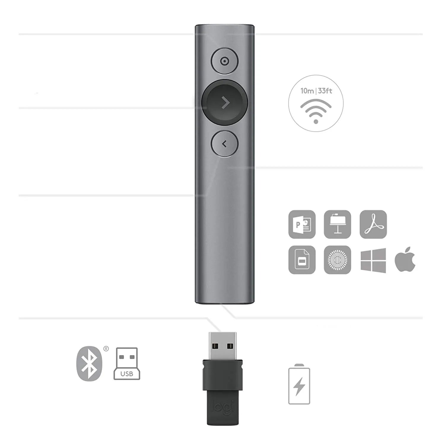 Logitech Spotlight™ Presentation Remote, Bluetooth/RF, USB, 30 m, Grey