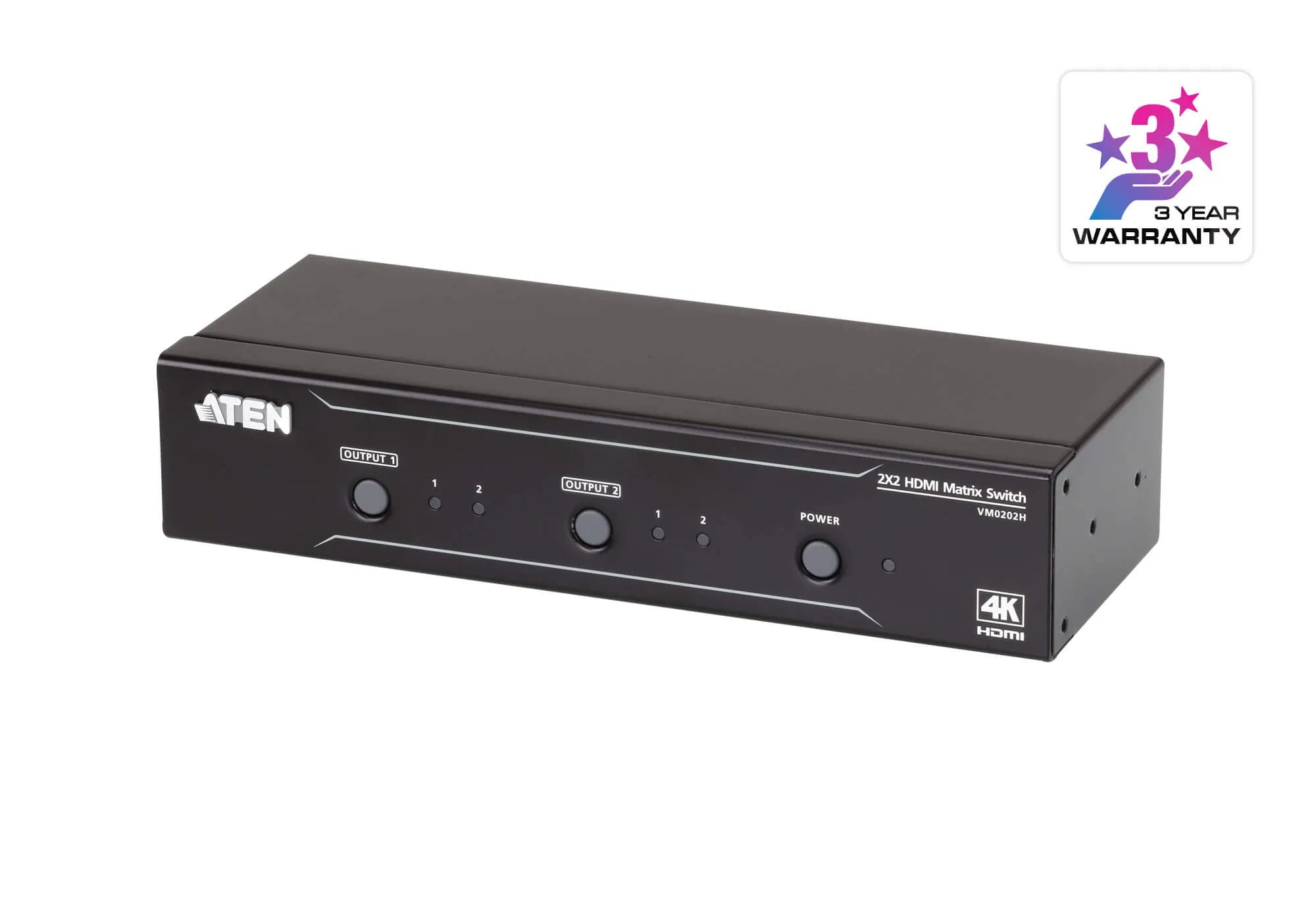 ATEN VM0202H, 4096 x 2160 pixels, Rack mounting, Black