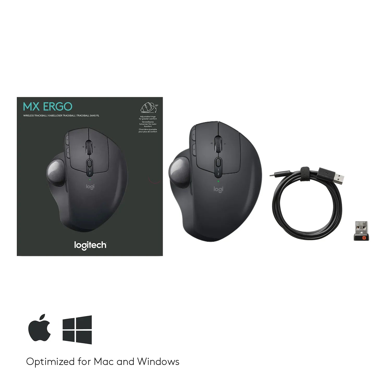 Logitech MX Ergo, Right-hand, Trackball, RF Wireless+Bluetooth, 440 DPI, Black