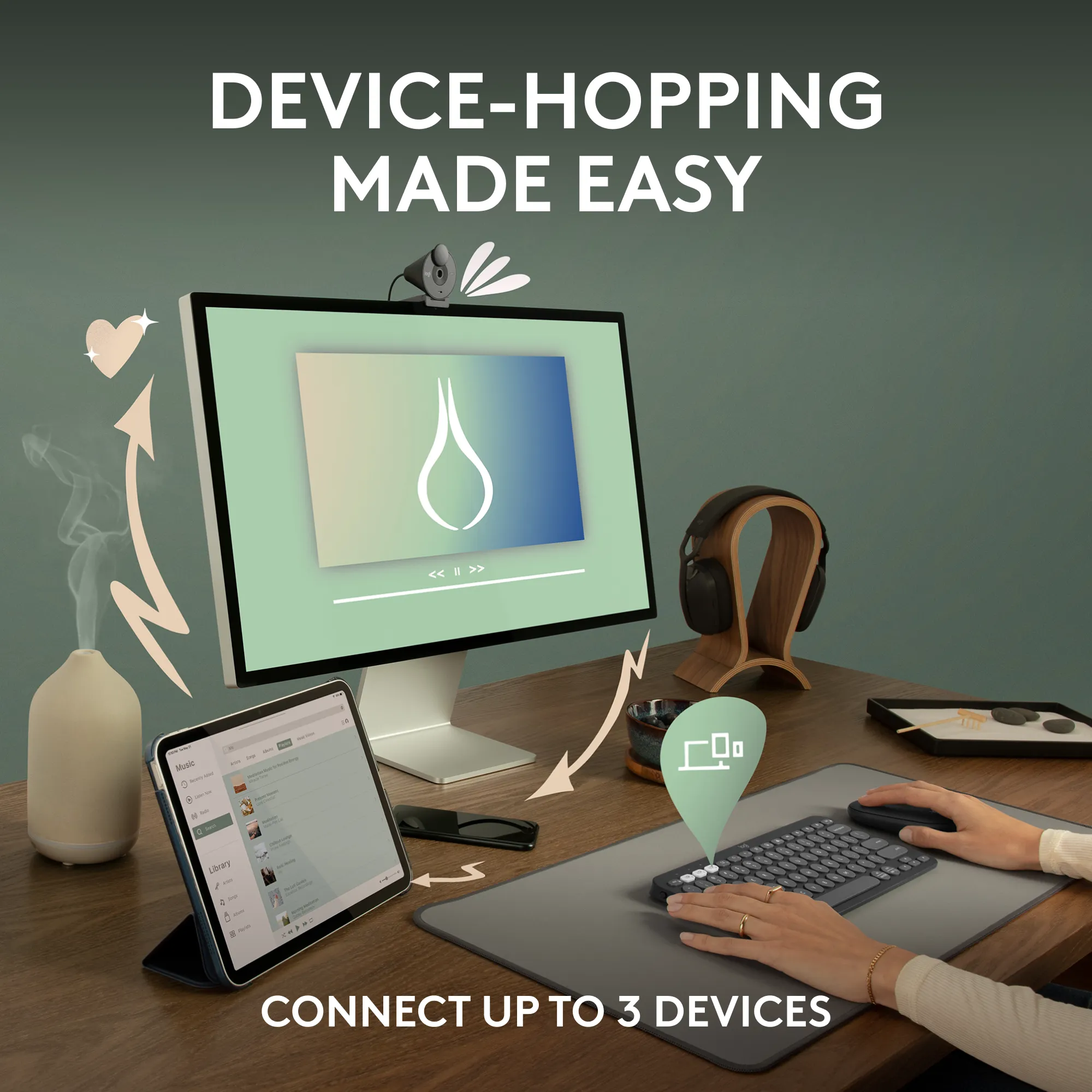 Logitech Pebble Keys 2 K380s, Mini, Wireless, RF Wireless + Bluetooth, Scissor key switch, QWERTY, Graphite