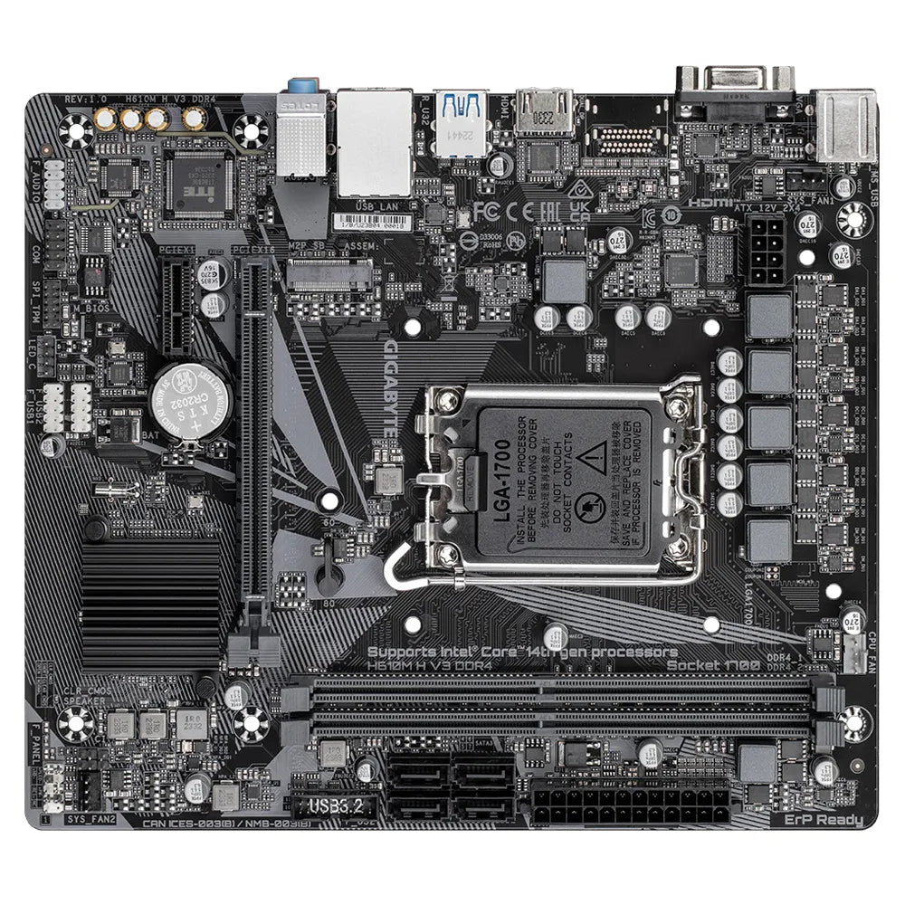 Gigabyte H610M H V3 DDR4 Motherboard - Supports Intel Core 14th CPUs, 4+1+1 Hybrid Phases Digital VRM, up to 3200MHz DDR4, 1xPCIe 3.0 M.2, GbE LAN, USB 3.2 Gen 1, Intel, LGA 1700, Intel® Celeron®, Intel® Core™ i3, Intel® Core™ i5, Intel® Core™ i7, Intel® Core™ i9,..., LGA 1700, DDR4-SDRAM, 64 GB