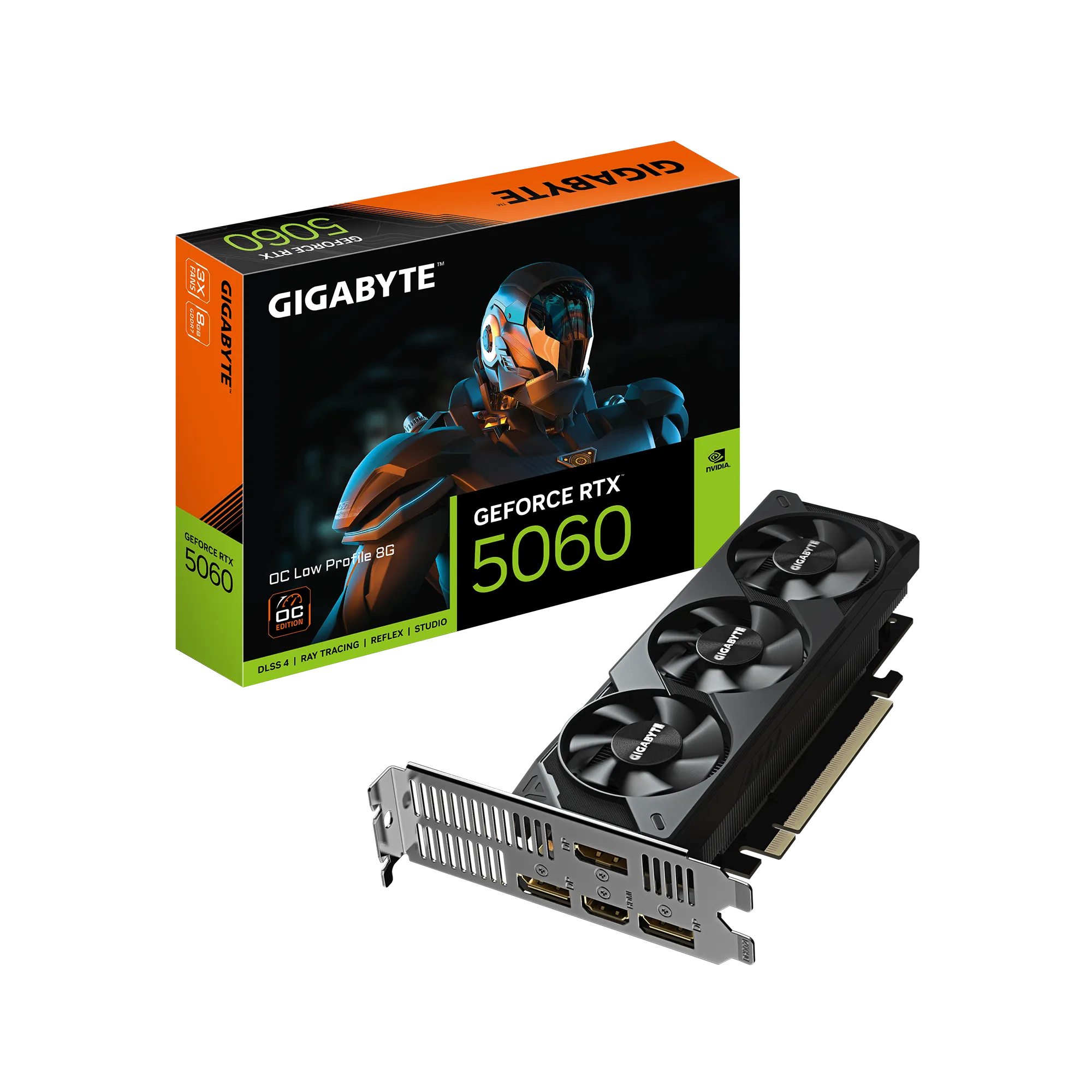 GIGABYTE GeForce RTX 5060 OC Low Profile 8G Graphics Card - 8GB GDDR7, 128bit, PCI-E 5.0, 2512 MHz Core Clock, 3 x DisplayPort, 1 x HDMI, GV-N5060OC-8GL, GeForce RTX 5060, 8 GB, GDDR7, 128 bit, 7680 x 4320 pixels, PCI Express 5.0