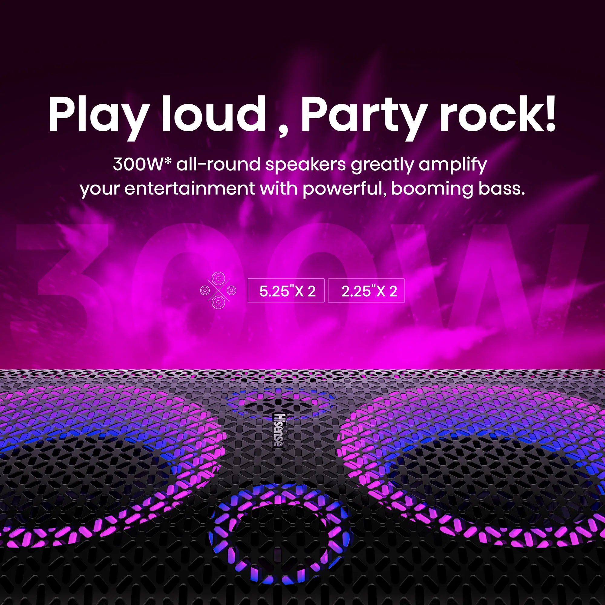 Hisense PartyRocker One HP100, 2.0 channels, 5.71 cm (2.25"), 13.3 cm (5.25"), 300 W, 40 - 20000 Hz, Wired & Wireless