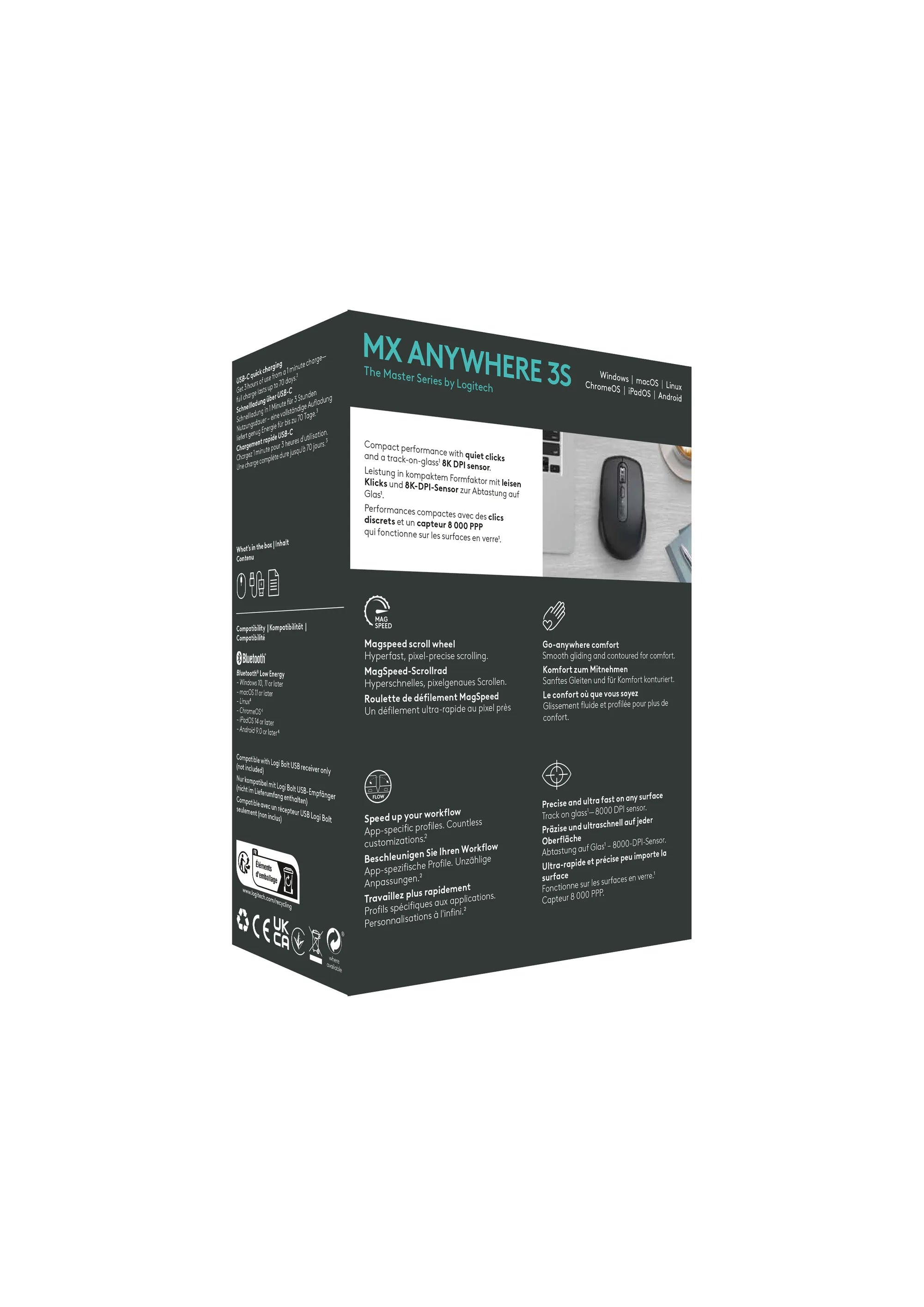 Logitech MX Anywhere 3S, Right-hand, Laser, RF Wireless + Bluetooth, 8000 DPI, Graphite