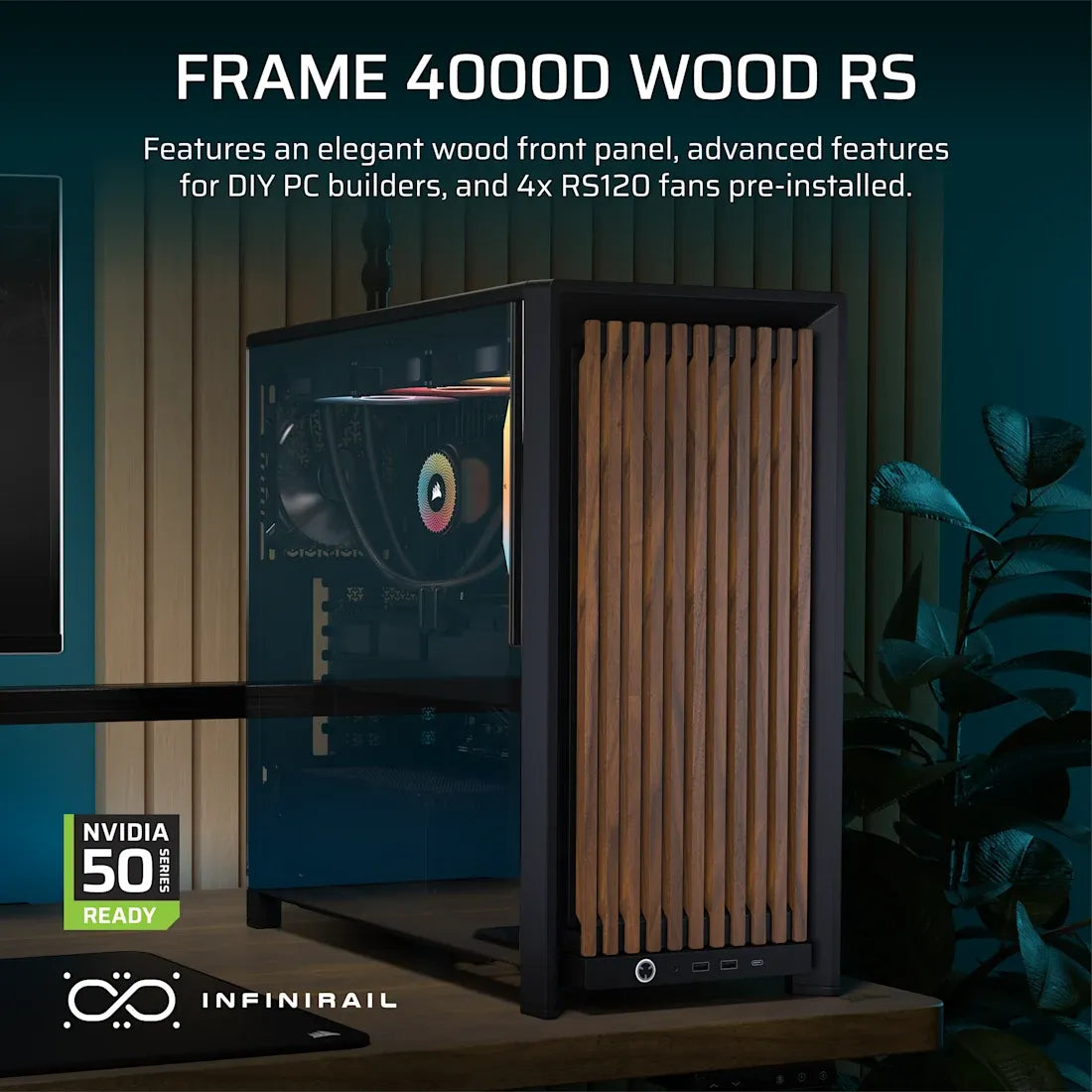 FRAME 4000D RS WOOD Modular High Airflow Mid-Tower PC Case; 4x  RS Fans; Black & Walnut.