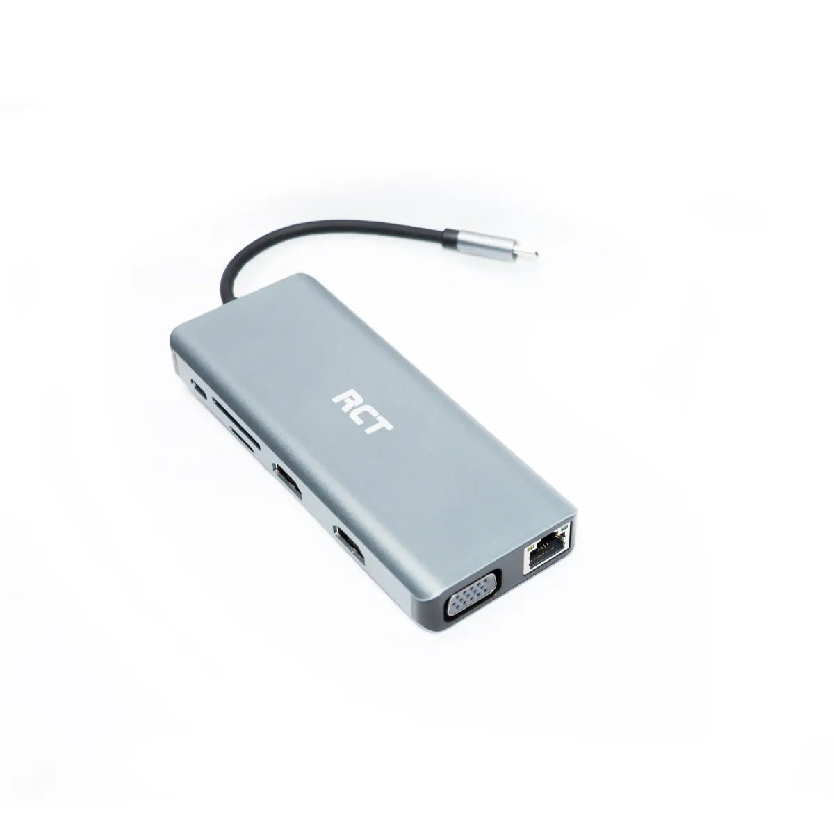RCT compact 12-in-1 hub with 2 HDMI; 1 VGA; 3 USB3.0; 1 USB 2.0; 1 RJ45; PD; Audio; SD & microSD card reader