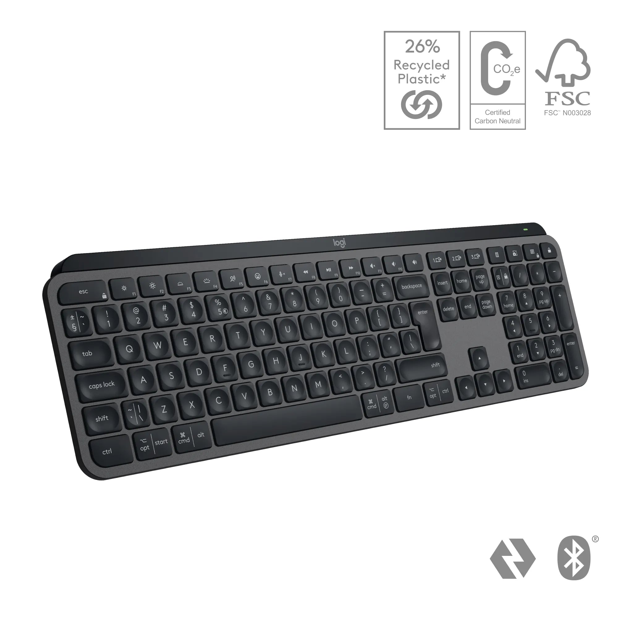 Logitech MX Keys S, Wireless, RF Wireless + Bluetooth, Scissor key switch, QWERTY, LED, Graphite