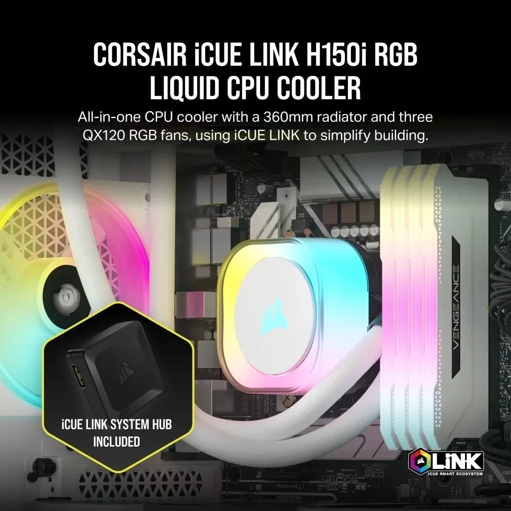 Corsair H150I, Liquid cooling kit, 12 cm, 480 RPM, 2400 RPM, 63.1 cfm, White