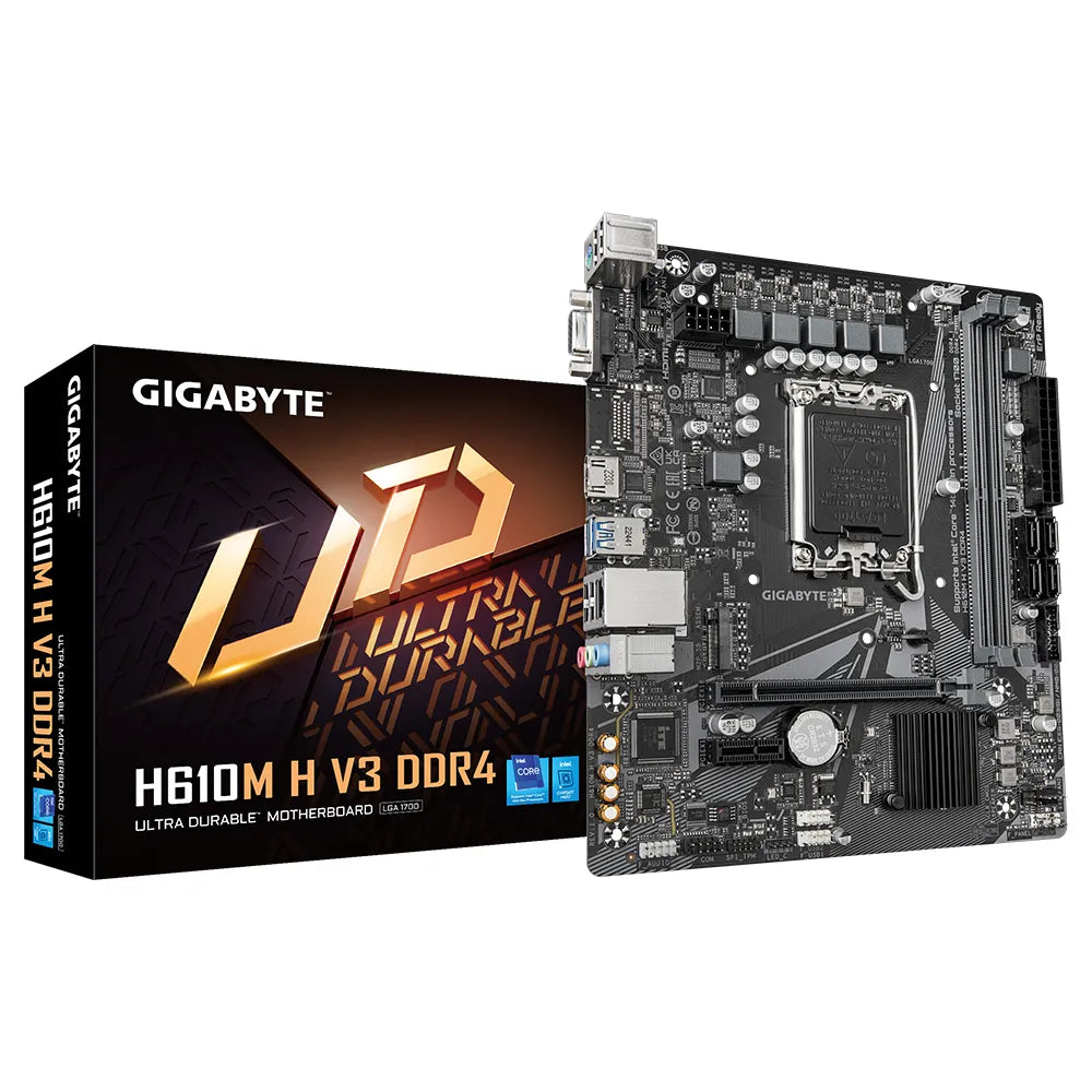 Gigabyte H610M H V3 DDR4 Motherboard - Supports Intel Core 14th CPUs, 4+1+1 Hybrid Phases Digital VRM, up to 3200MHz DDR4, 1xPCIe 3.0 M.2, GbE LAN, USB 3.2 Gen 1, Intel, LGA 1700, Intel® Celeron®, Intel® Core™ i3, Intel® Core™ i5, Intel® Core™ i7, Intel® Core™ i9,..., LGA 1700, DDR4-SDRAM, 64 GB