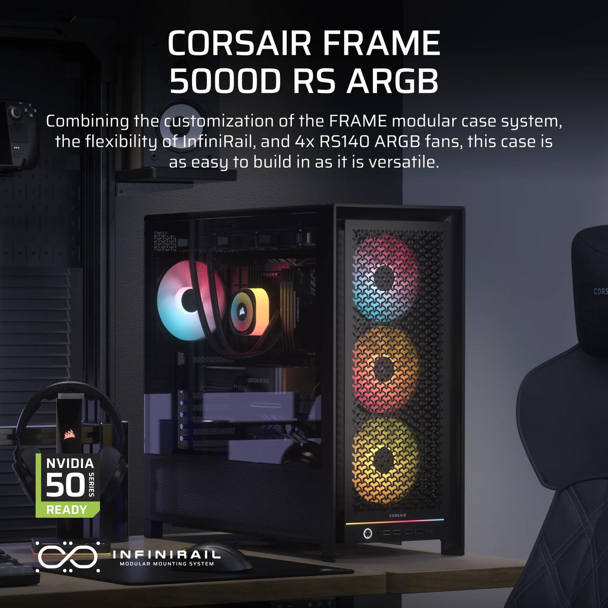 FRAME 5000D RS ARGB Mid-Tower PC Case; 4x RS140 ARGB Fans; 2x 2.5'' ; 1x 3.5'' ; Black.