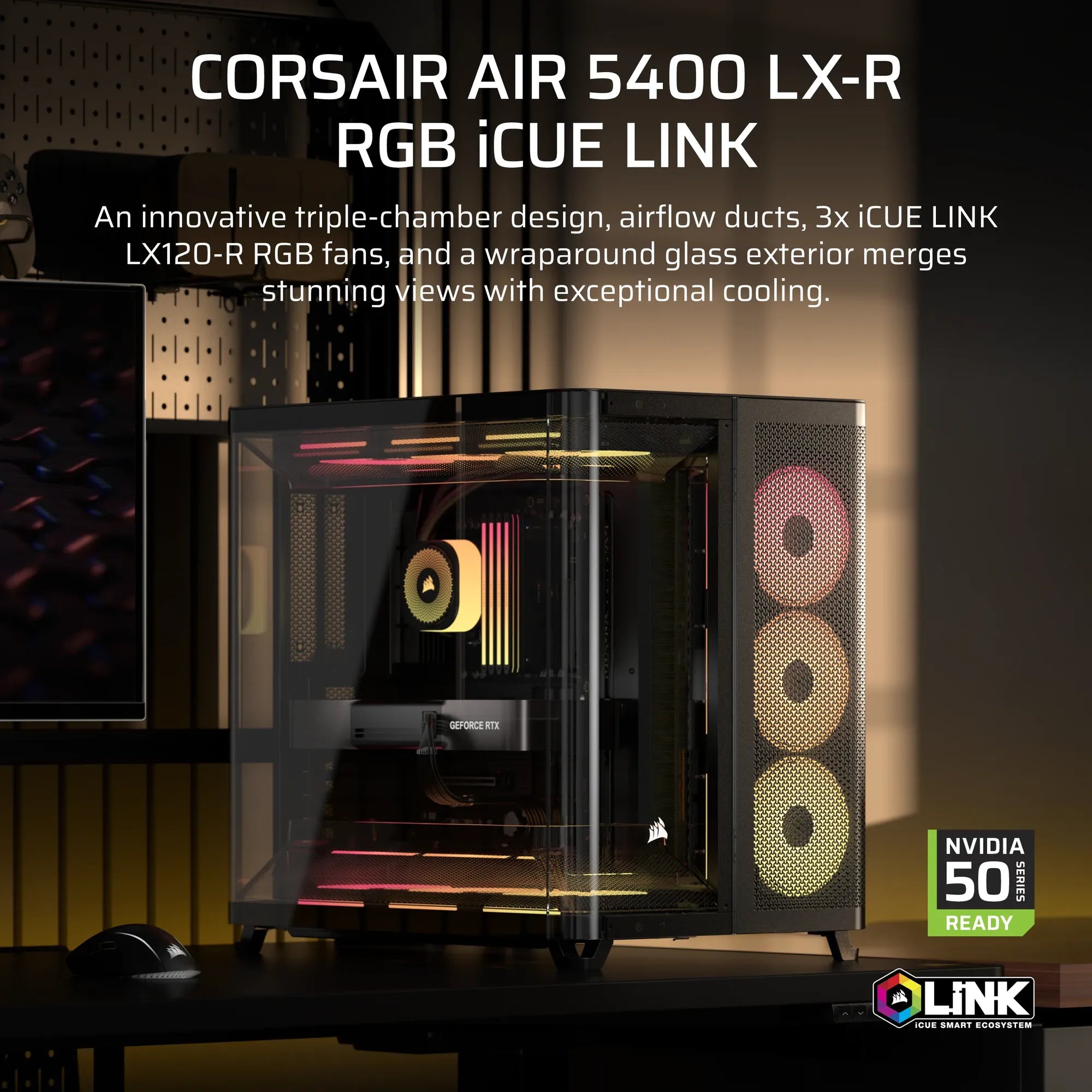 AIR 5400 LX-R RGB iCUE LINK Triple Chamber Mid-Tower PC Case ;3x Fans included;2x 2.5'' ; 1x 3.5'';  Black