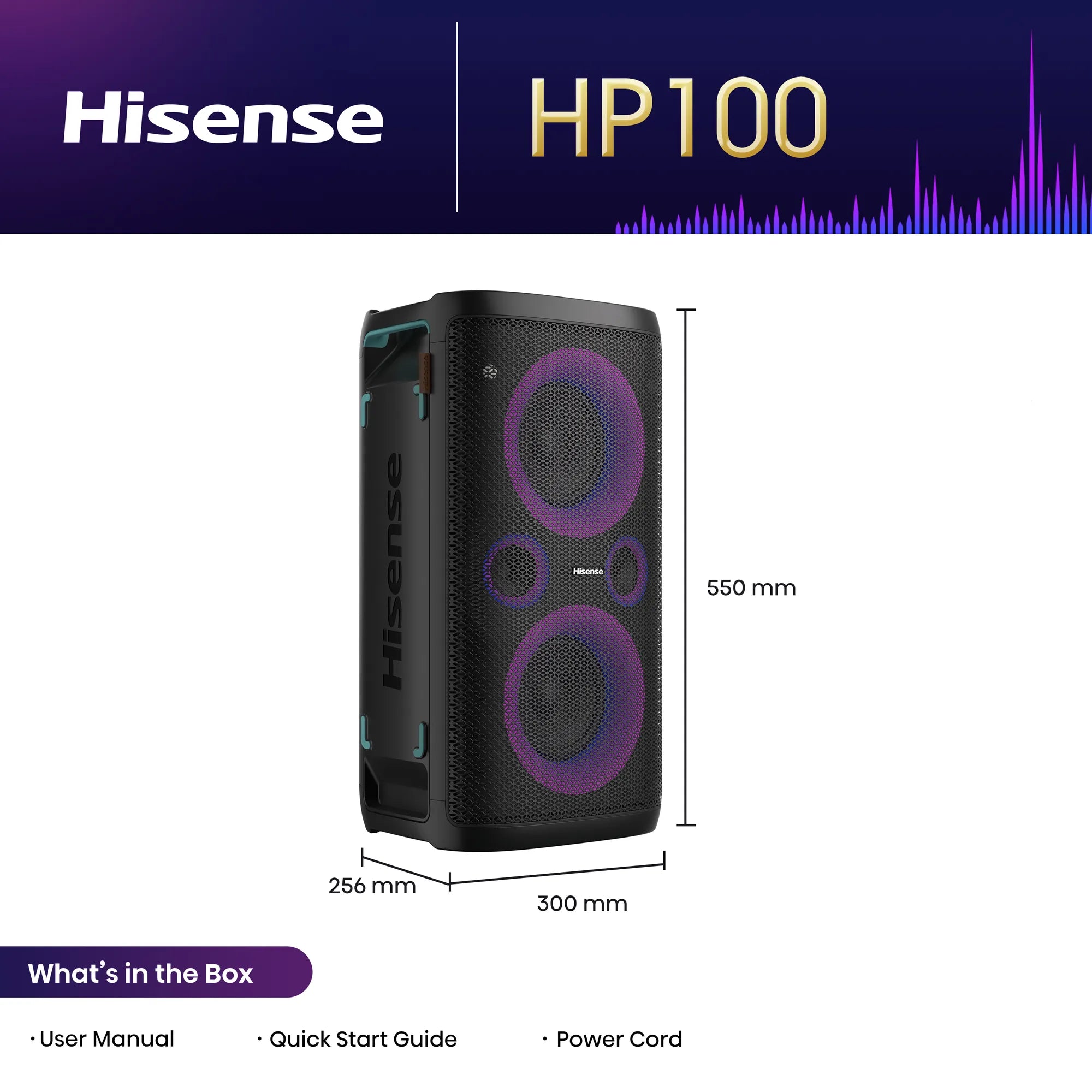 Hisense PartyRocker One HP100, 2.0 channels, 5.71 cm (2.25"), 13.3 cm (5.25"), 300 W, 40 - 20000 Hz, Wired & Wireless